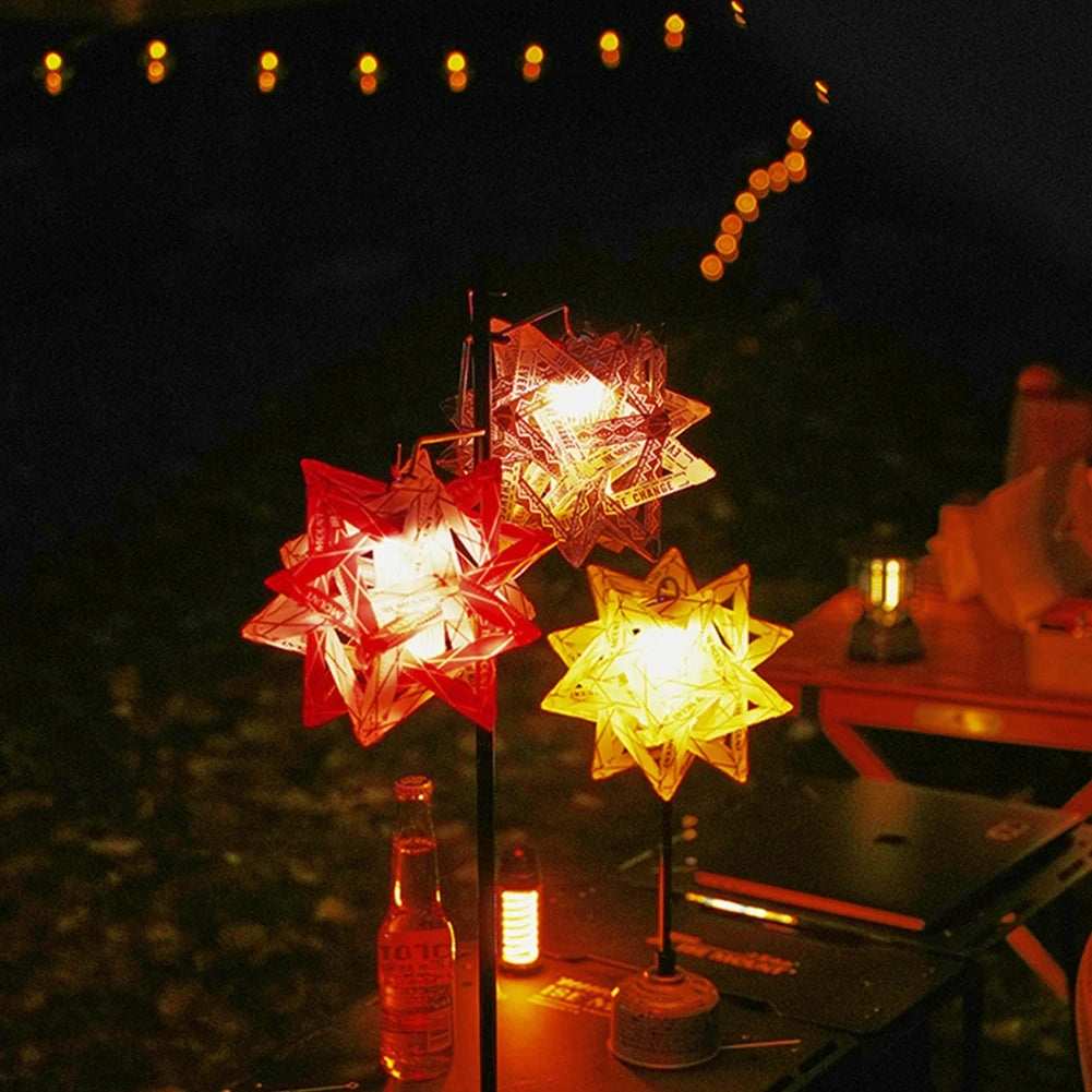 lampe décorative origami étoile rouge jaune noir blanche clips imprimés camping ambiance