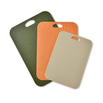 planches découper tissées moderne vert orange beige poignées intégrées respectueuses environnement stockables