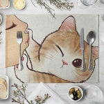 serviette table illustration chat mignon couleur beige gris rose toile lin respectueuse environnement