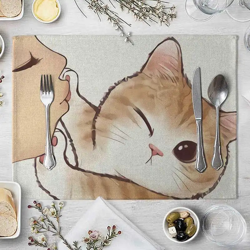 serviette table illustration chat mignon couleur beige gris rose toile lin respectueuse environnement