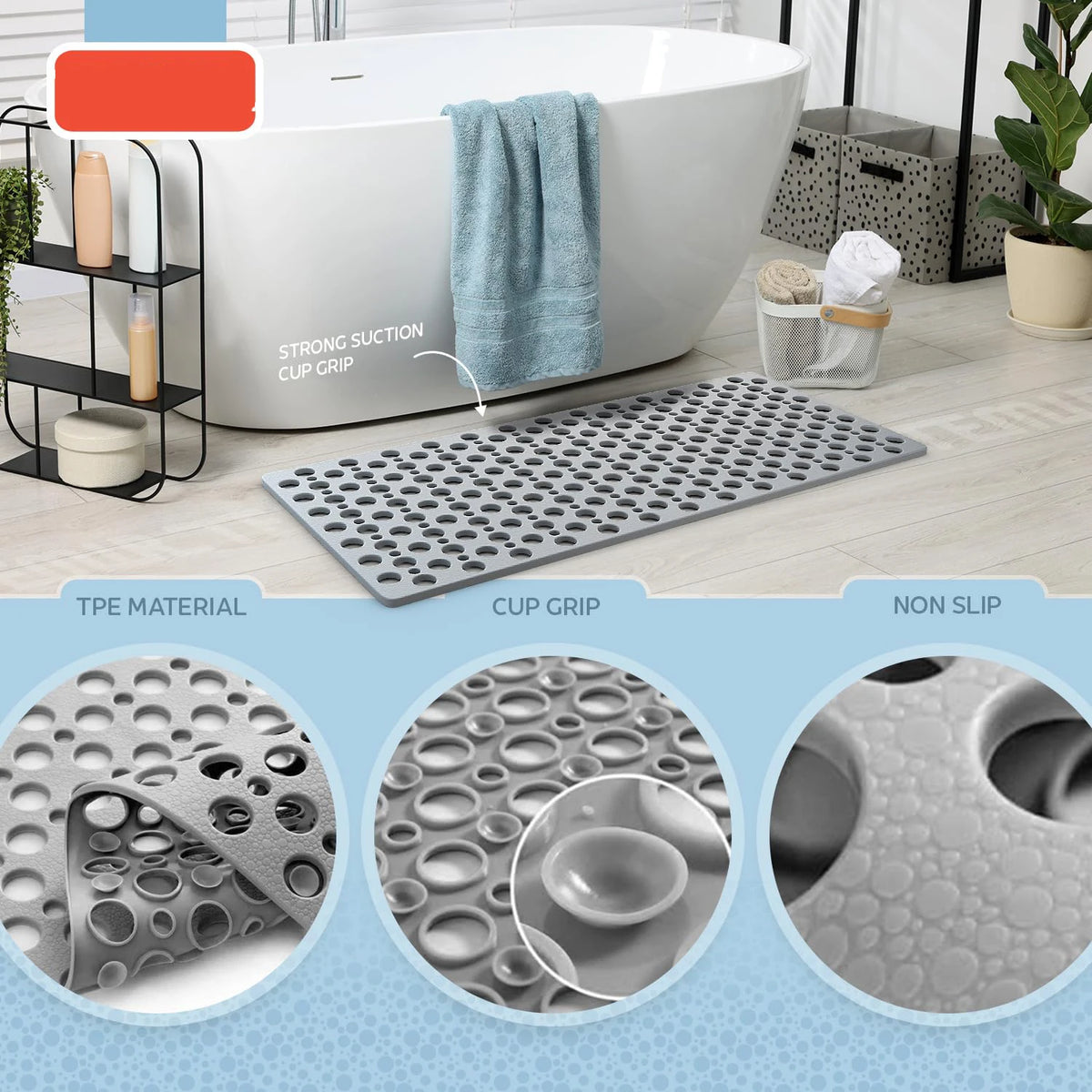 tapis bain antidérapant gris moderne perforations adhésif salle bain respectueux environnement lavable machine