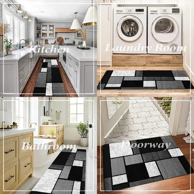 tapis sol moderne géométrique noir gris blanc anti dérapant extérieur intérieur