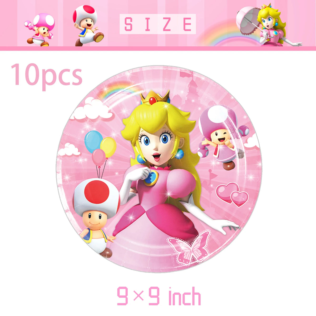 Assiettes décoratives princesse Peach disposées sur table de fête
