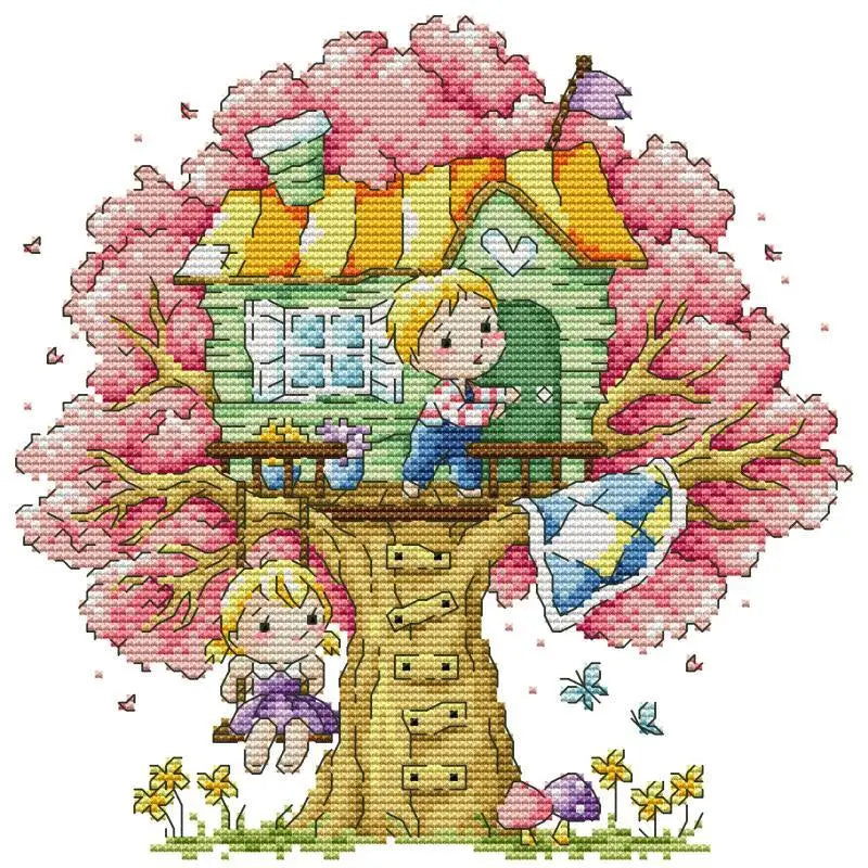 toile broderie maison arbre personnages décorations saisonnières oiseaux papillons champignons balançoire hamac noël guirlandes