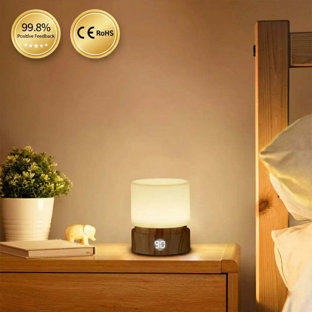 lampe chevet rechargeable led blanc texture bois moderne minimaliste affichage numérique tactile