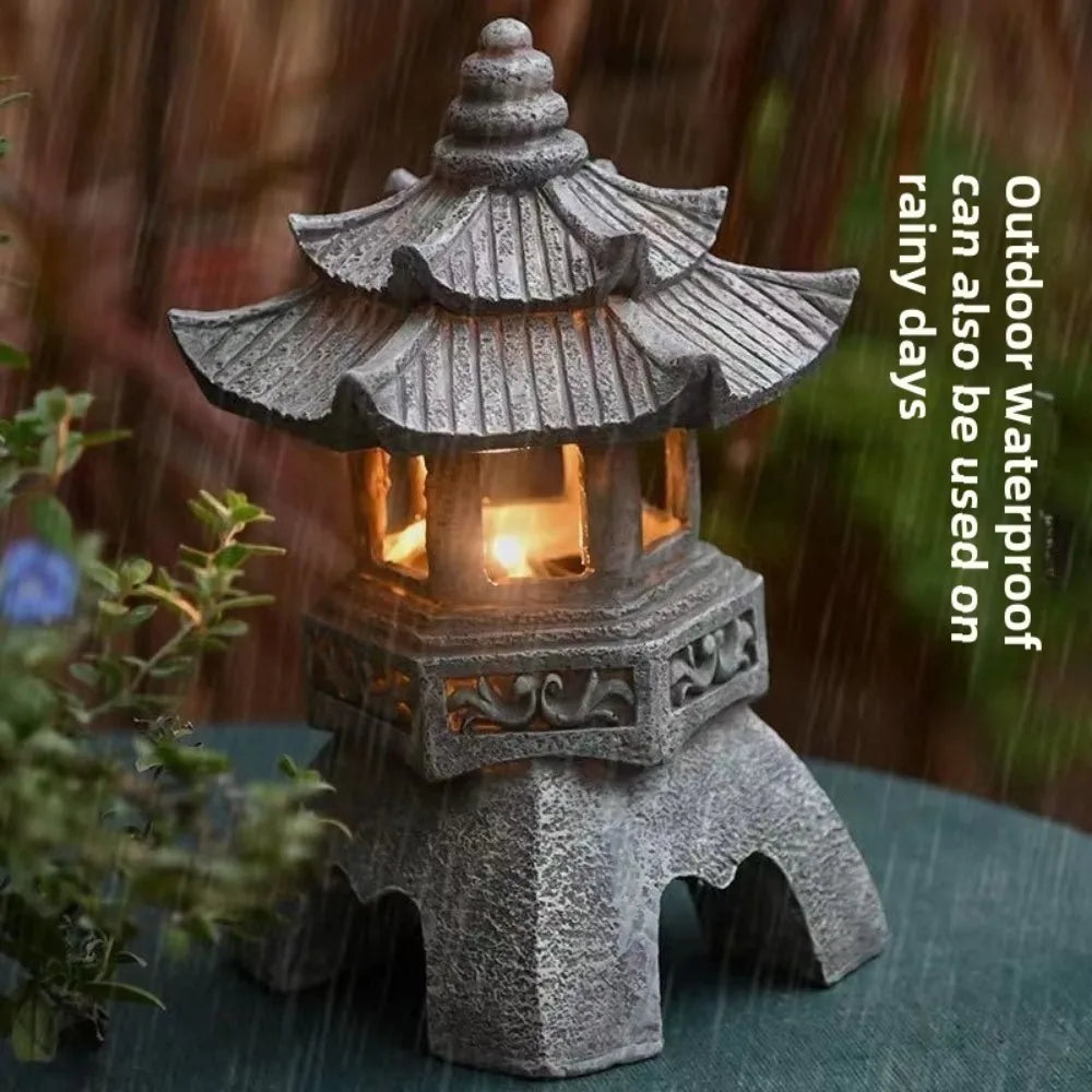 lanterne traditionnelle gris texture granitée détails sculptés japonais lampe led base graniteextérieur jardin