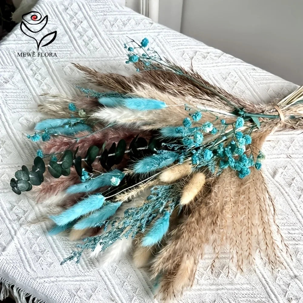 bouquet fleurs séchées naturel plumes feuilles vert bleu turquoise vase blanc décoration maison anniversaire