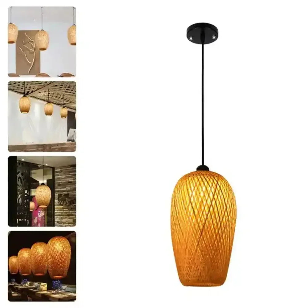 lampe suspendue marron clair tissage rotin moderne rustique câble noir
