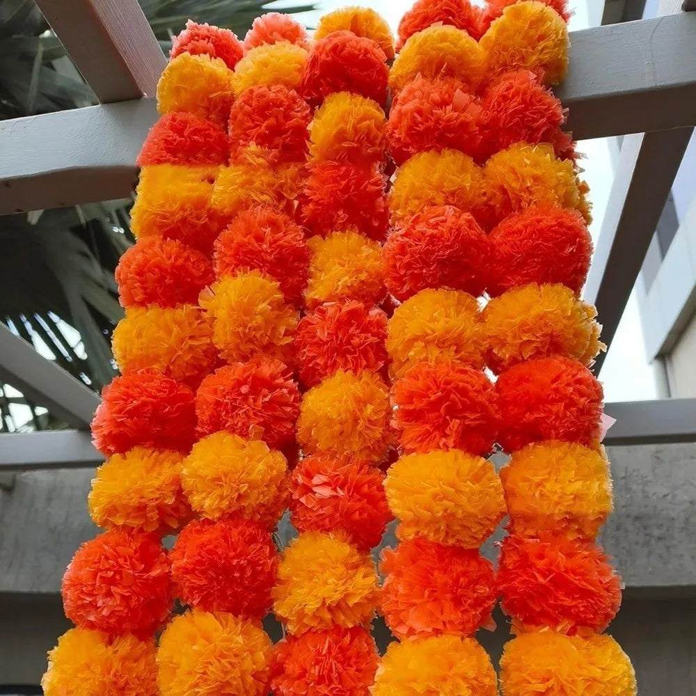 guirlande fleurs artificielles marigold d'Inde orange jaune rouge festives décoration pompons clochettes festive indienne