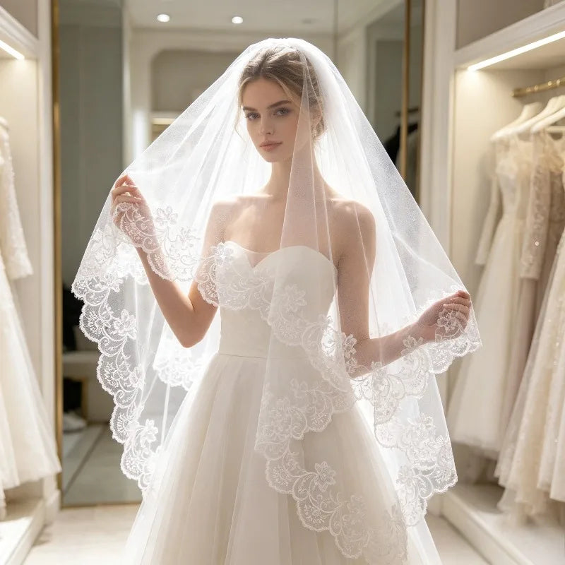 voile mariée blanc dentelle florale classique opacité simple couche cérémonie mariage