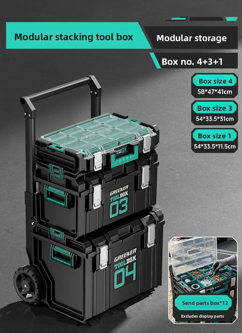 boîte outils modulaire noire verte pratique robuste poignées roulettes empilable grande capacité