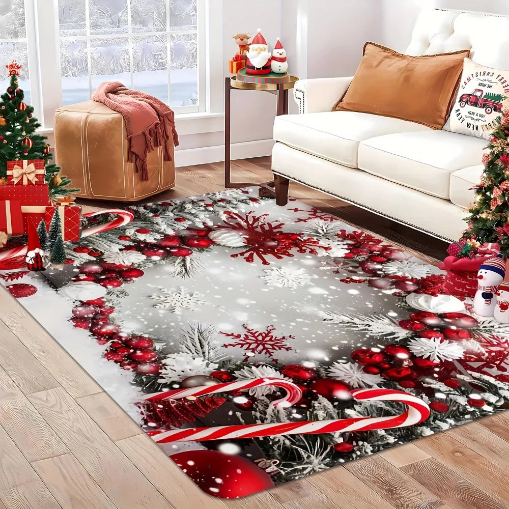 tapis noël rouge blanc gris boules flocons cannes branches salon chambre entrée festive décembre