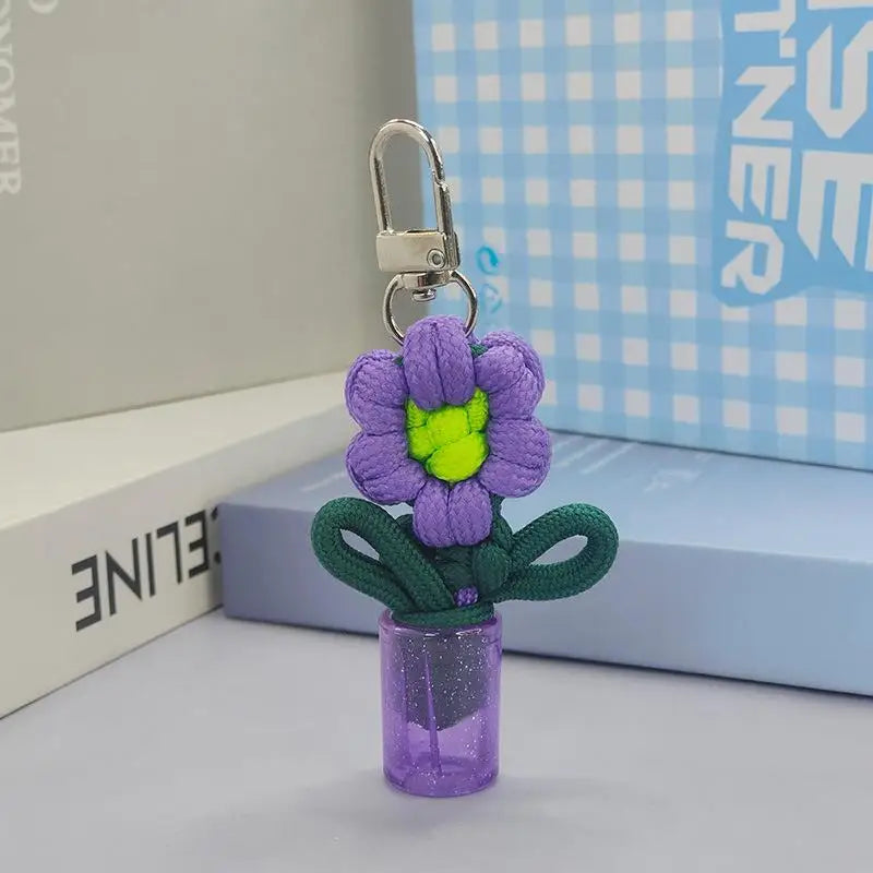 porte clés fleurs tricotées rubans bouteille transparente boucle métal créatif artisanal multicolore