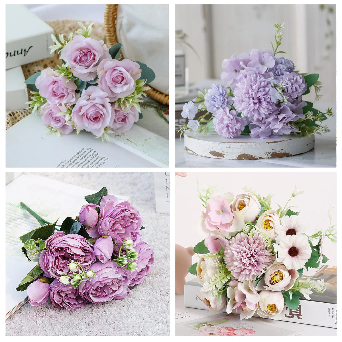 bouquet fleurs artificielles violettes roses blanches peonies soie decoration mariage maison jardin salon romantique