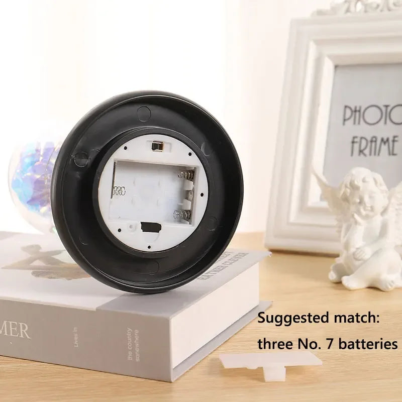 veilleuse led rose artificielle cloche verre éclairage couleur variée base noire