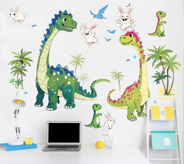 sticker mural dinosaure lapin oiseau palmier cartoon enfant chambre décoration adhésif vert marron bleu