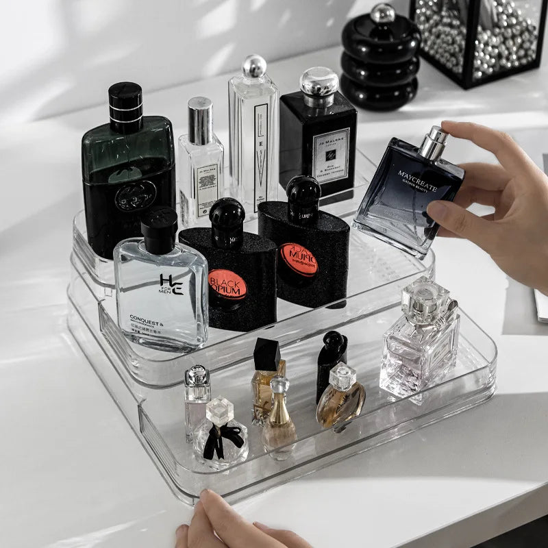 organiseur rangement transparent moderne maquillage parfum soins cosmétique deux étages acrylique multifonctionnelle