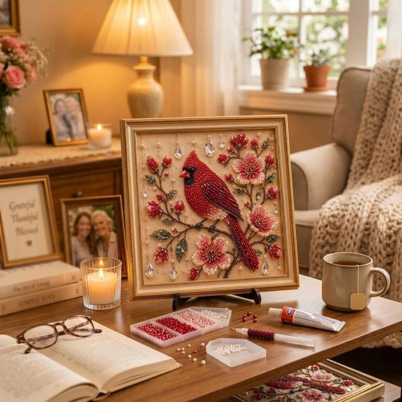 tableau décoratif strass fleurs oiseaux beige blanc rouge vert bleu doré art broderie débutants