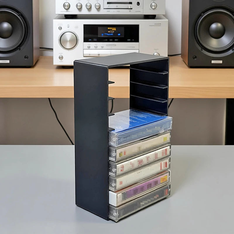 rangement cassettes audio noir boîte plastique opaque boitiers transparents modernes salon.storage organizer