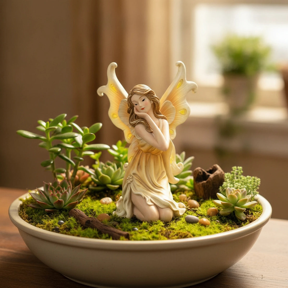 statue fée ailes pastorale fantaisie ornements jardin pot plantes succulentes mousse galets