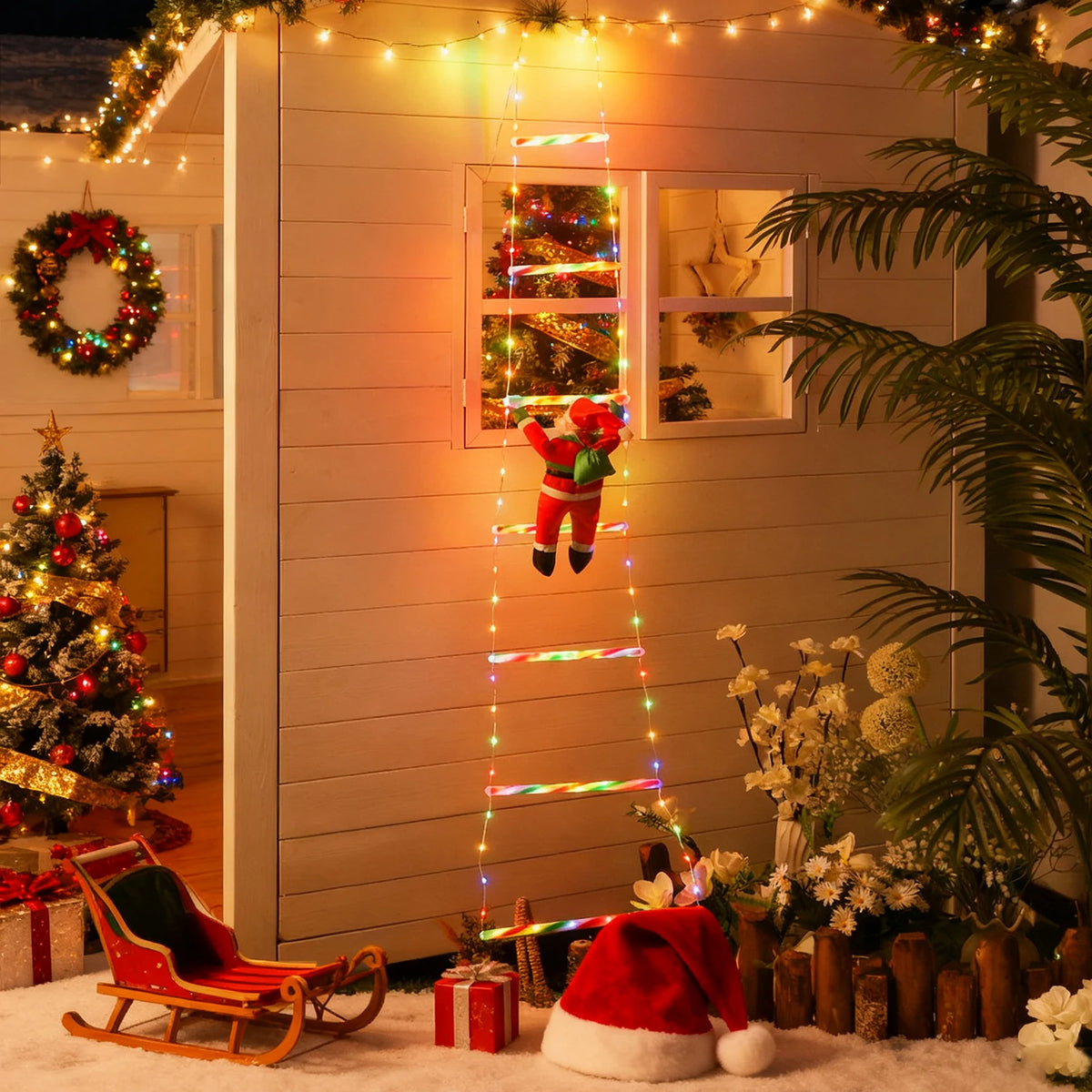 décoration noël lumineuse père noël guirlandes rayures colorées moderne adhésif rouge vert blanc