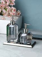 distributeur savon liquide bouteille lotion verre cristal transparent rayures horizontales moderne élégant respectueux environnement