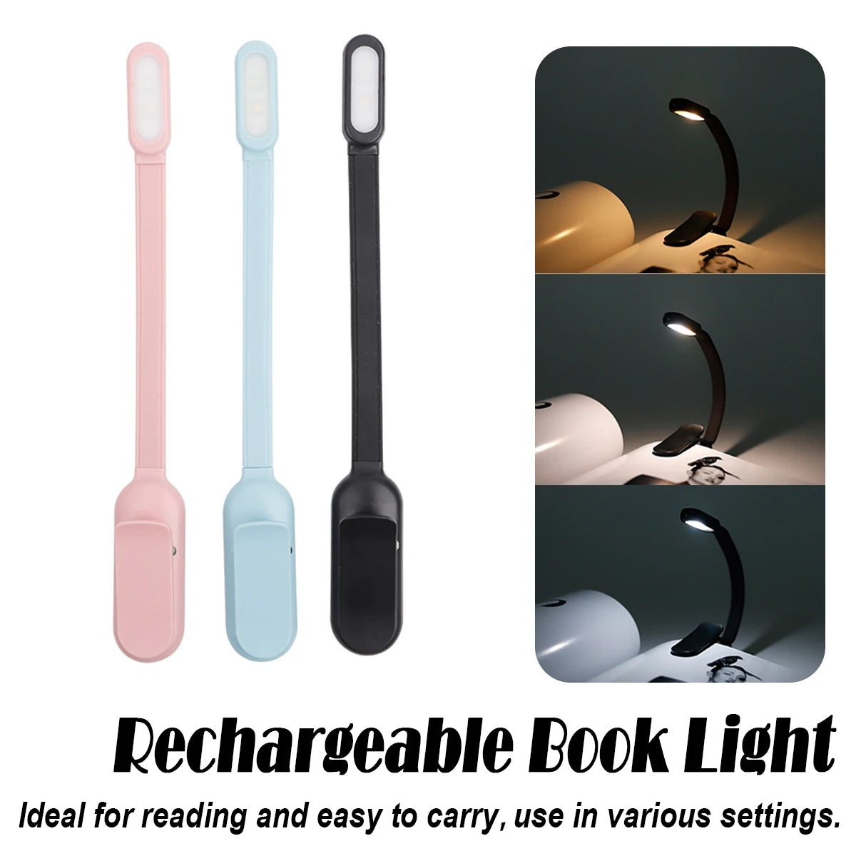 lampe lecture rechargeable led rose bleu noir clip moderne minimalisteflux lumineux continu trois couleurs
