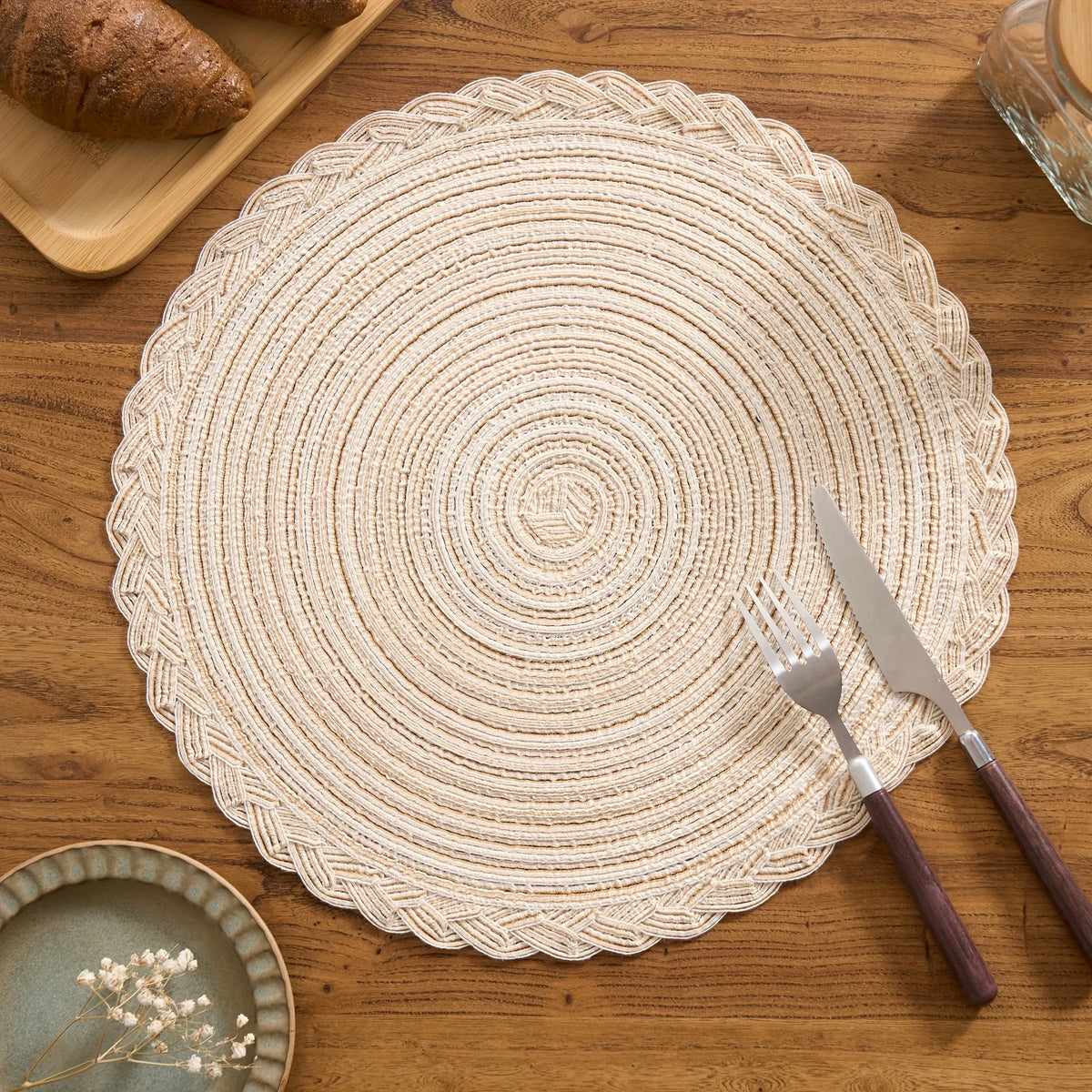 placemats tissés spirale beige noir vert rustique opaques table cuisine