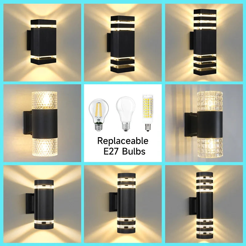 applique murale extérieure moderne noire rayures blanches lampe led double douille e27 étanche
