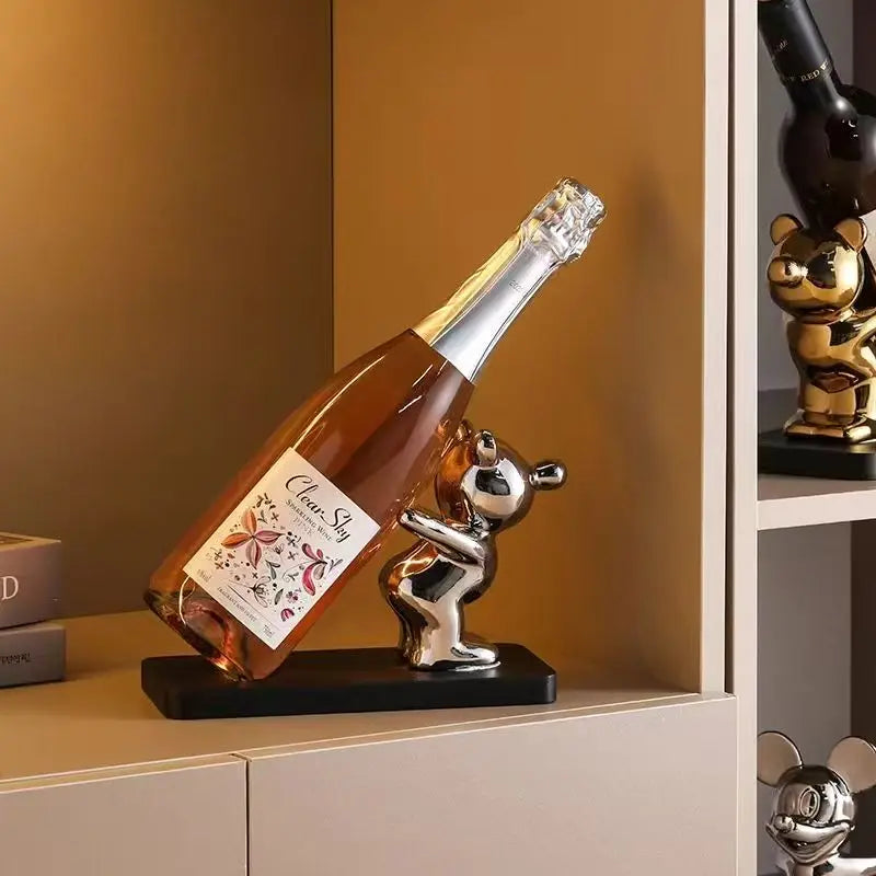 présentoir bouteille ours argenté doré moderne décoration noël vin champagne étiquette florale