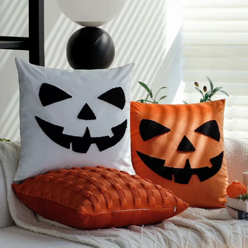 housse coussin carré halloween citrouille trick or treat polyester blanc orange moderne