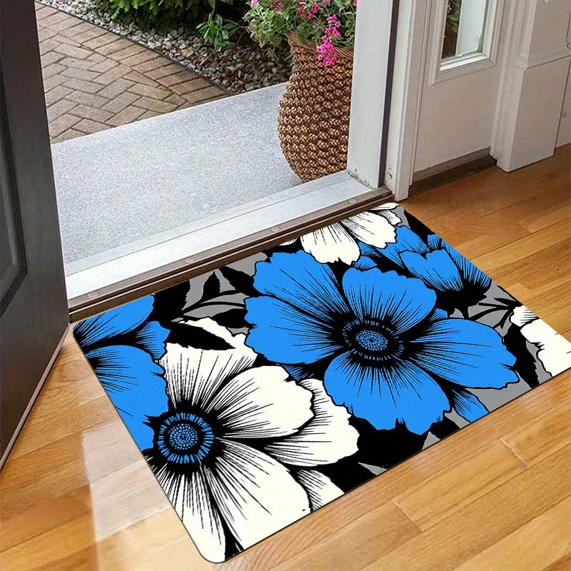 tapis moderne fleuri bleu blanc noir résistant antidérapant entrée sol extérieur adhésif polypropylène