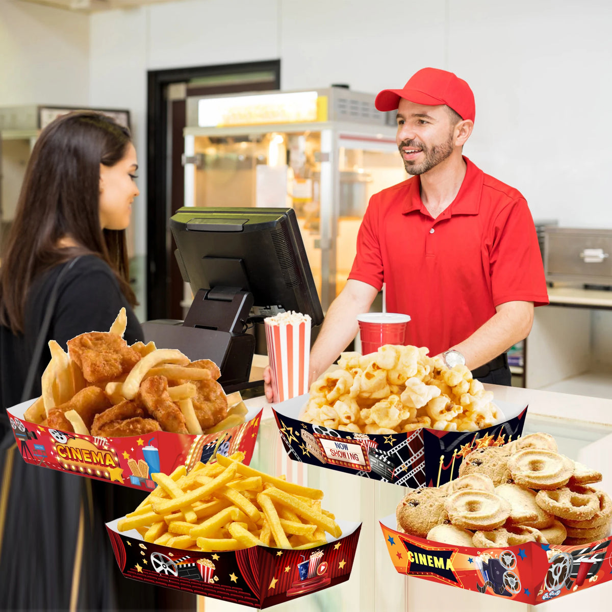 assiettes jetables thème cinéma gobelets boîtes snacks pop corn rouge blanc motifs films anniversaire