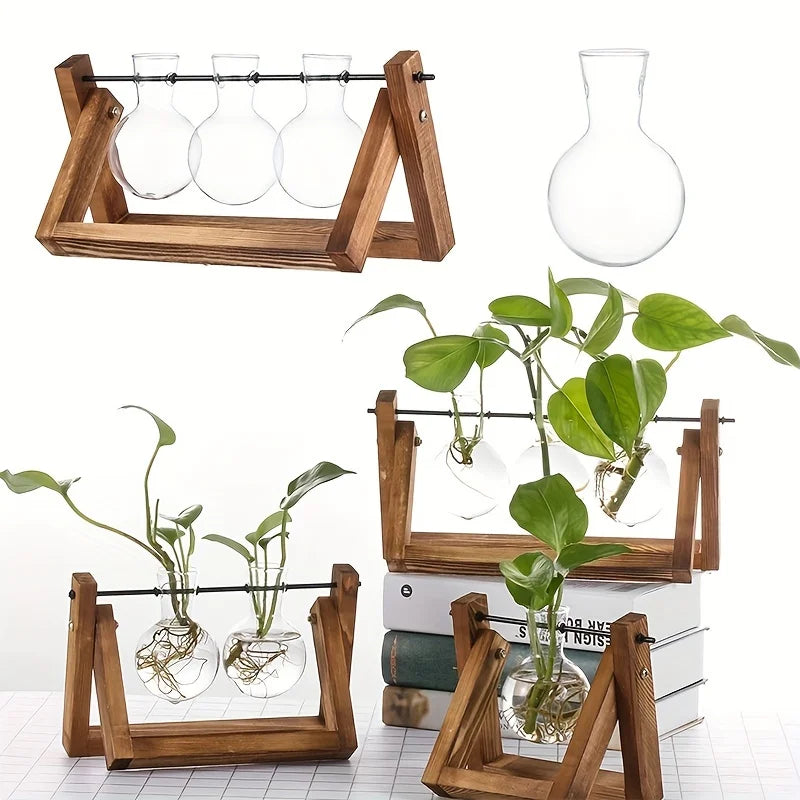support vases transparents bois industriel trois vases verre plantes minimaliste structure métal horizontal