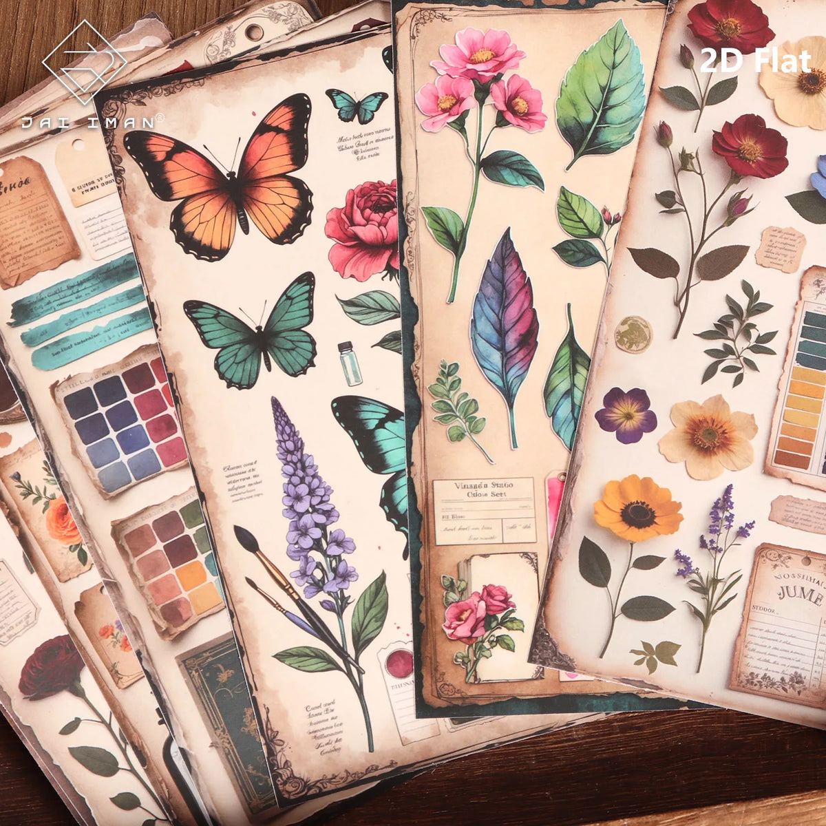 autocollants vintage multicolores floral adhésifs scrapbooking papier fleurs papillons étiquettes pinceaux peinture palette