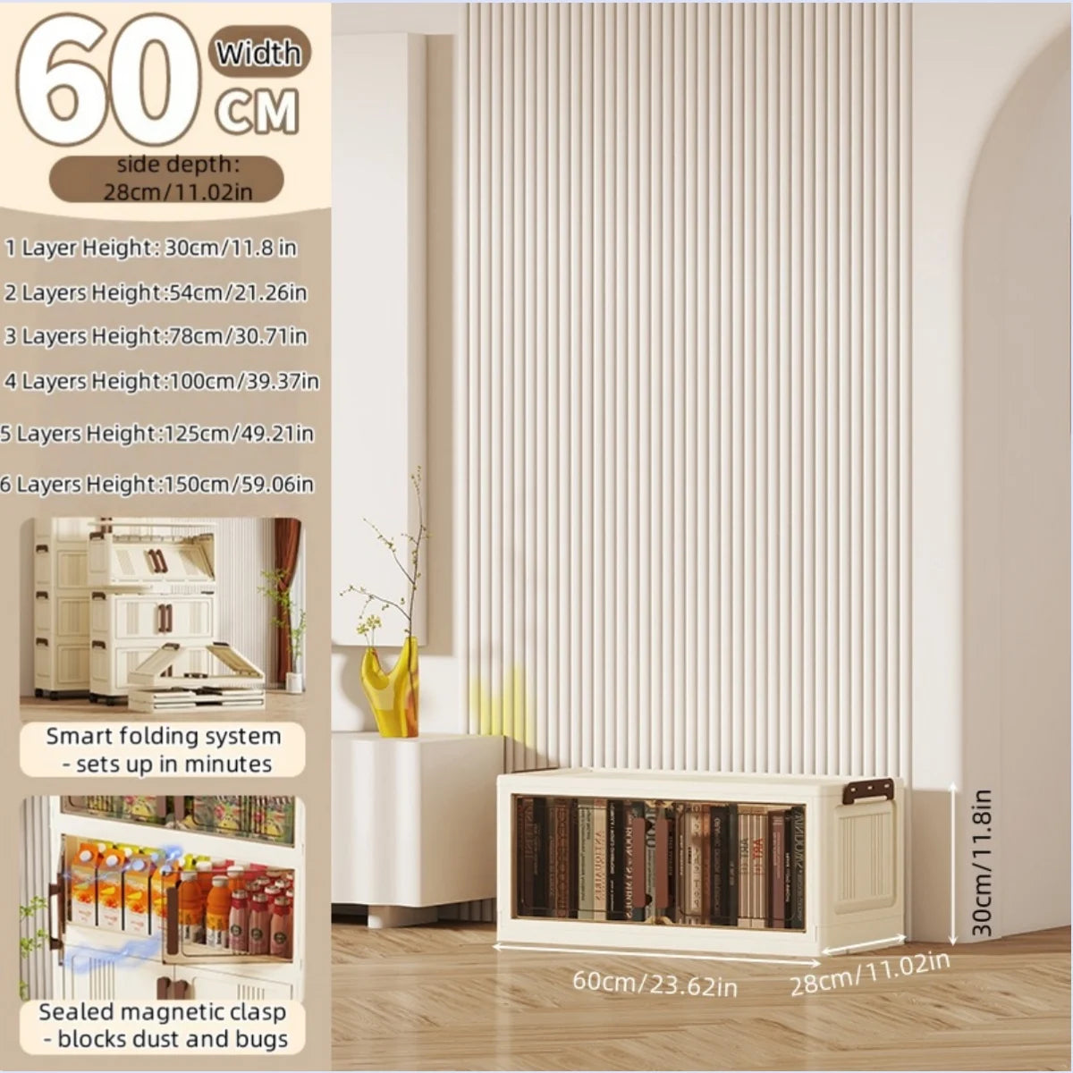 meuble rangement pliable moderne porte transparente rayures verticales beige clair roulettes salon cuisine