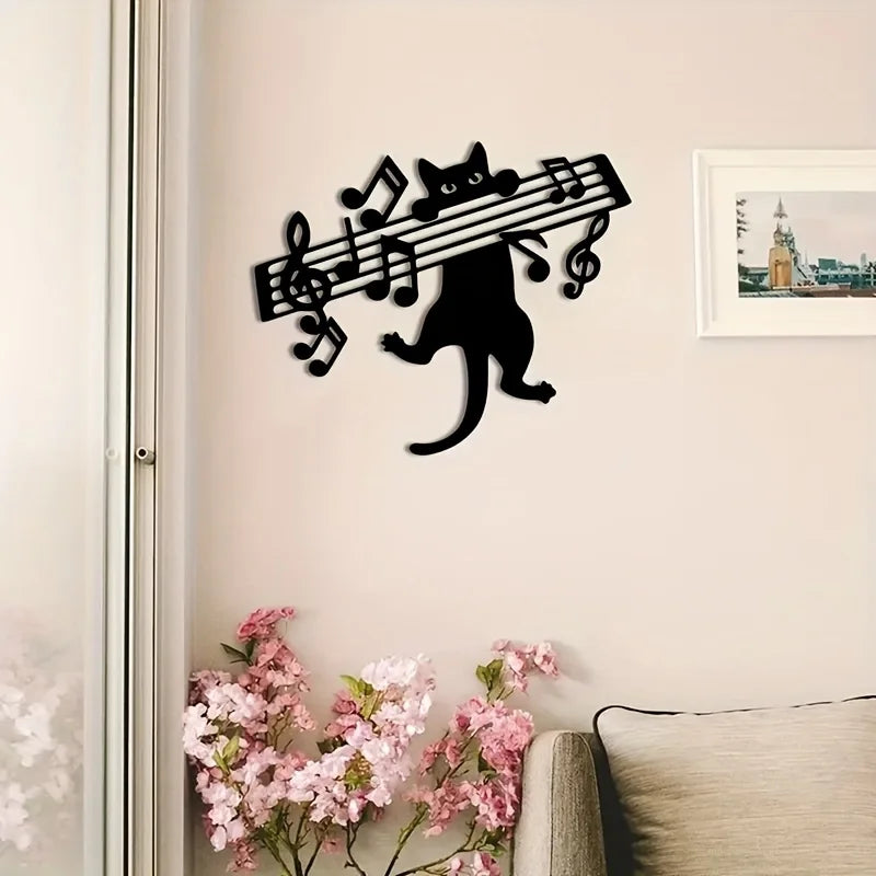 décoration murale chat noir notes musicales art contemporain mur fixations invisibles