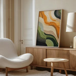 tableau abstrait ondulé orange vert beige noir moderne impression toile rectangle vertical chambre salon