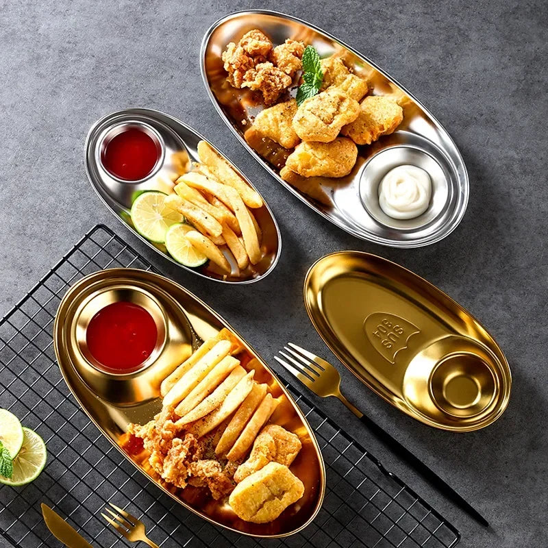 assiettes compartiments or argent lisses modernes sauce frites poulet citron fourchette dorée
