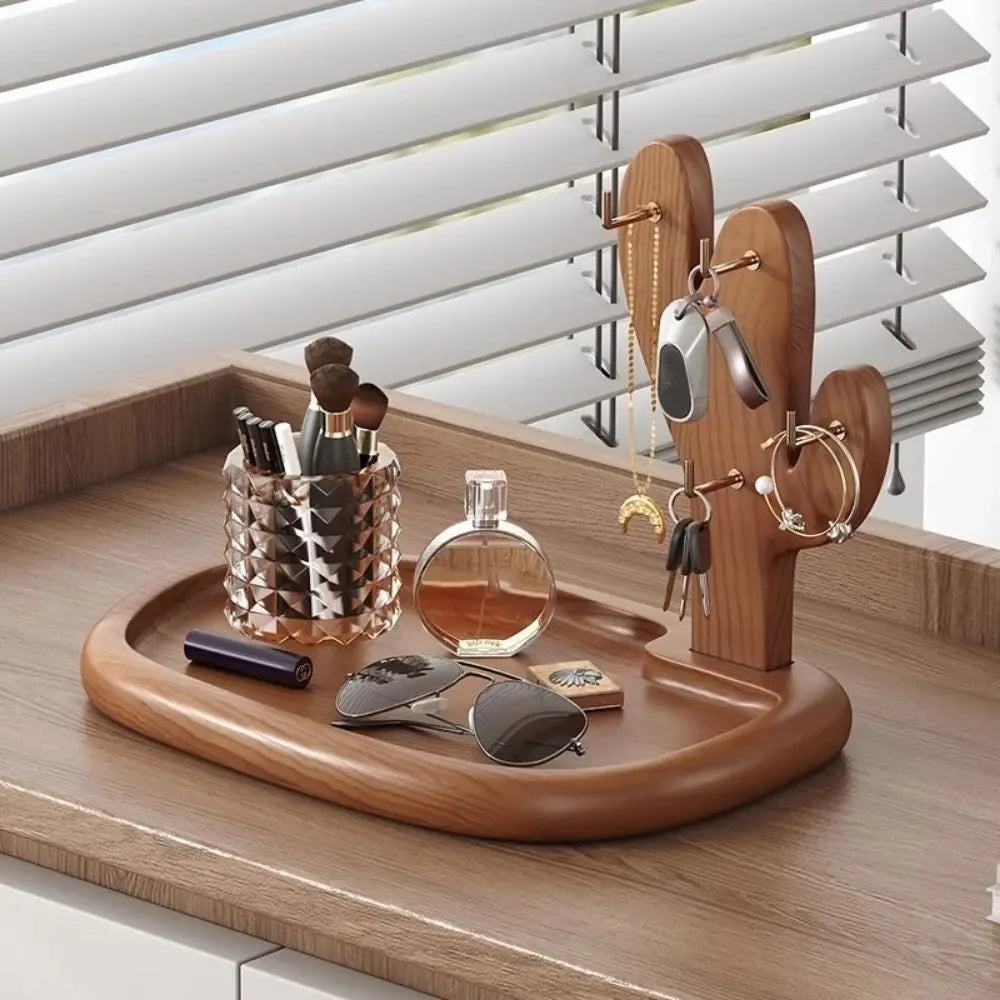 support rangement multifonctionnel bois naturel moderne porte bijoux cosmétiques marron clair sans fixation visible
