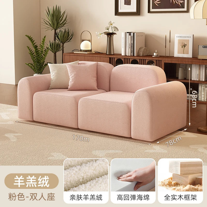 canapé moderne rose clair uni bois salon minimaliste 210cm 170cm 240cm coussins