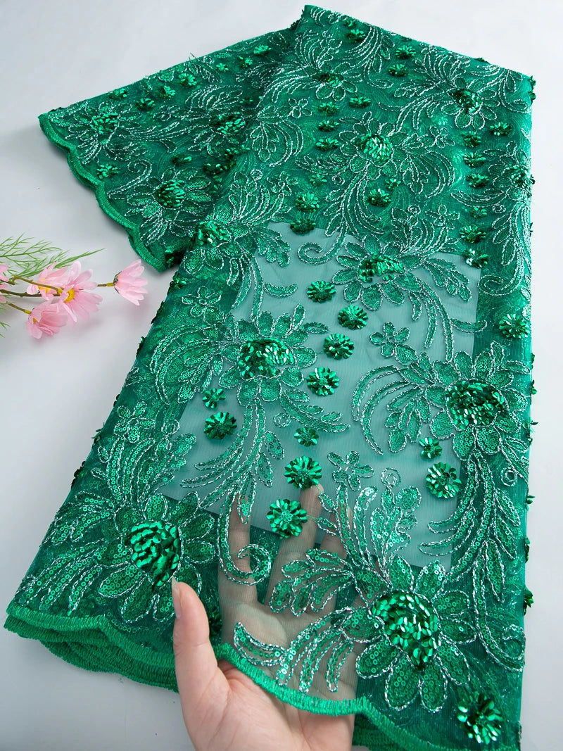 tissu polyester floral pailleté orange doré bleu vert translucide brodé party wedding prom dress
