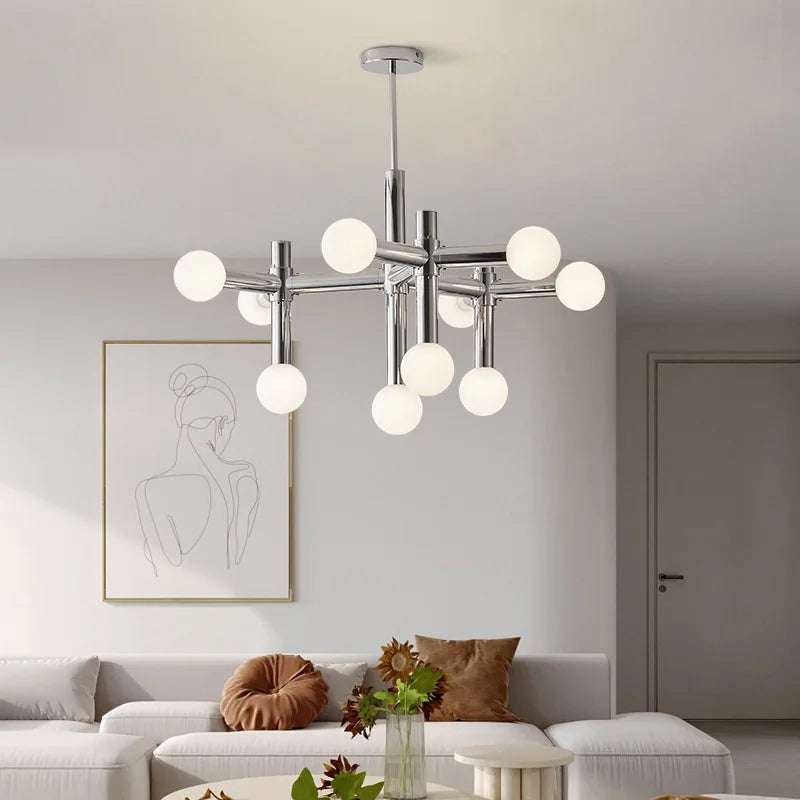 Suspension lumineuse moderne sphères translucides chrome blanc 13 têtes LED