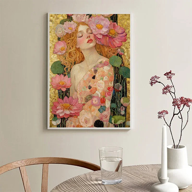 toile d'art floral aquarelle cadres bois art nouveau multicolore roses feuilles doré chambre salon