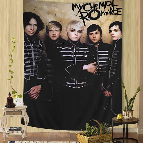 tapisserie murale décorative rock illustration artistique personnages texte noir blanc rouge