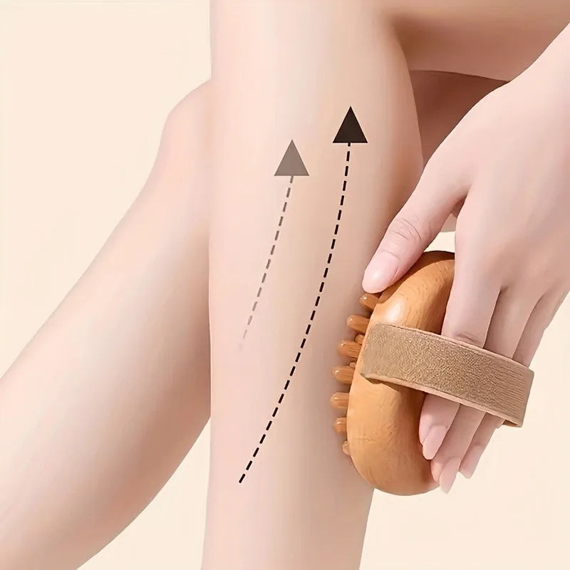 brosse massage relaxation corps bille bois surface rugueuse ceinture élastique marron gris praticité moderne