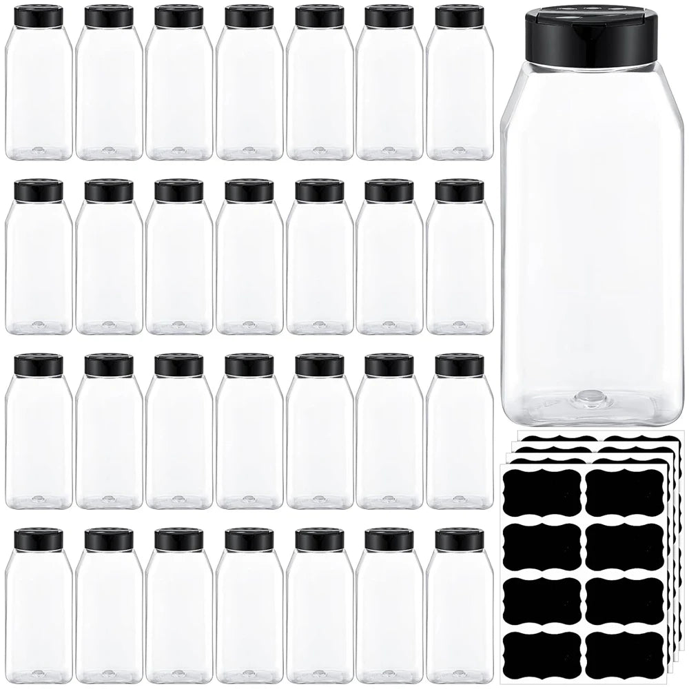 bocaux plastique transparents couvercle noir shaker assaisonnement herbes épices stockage moderne minimaliste