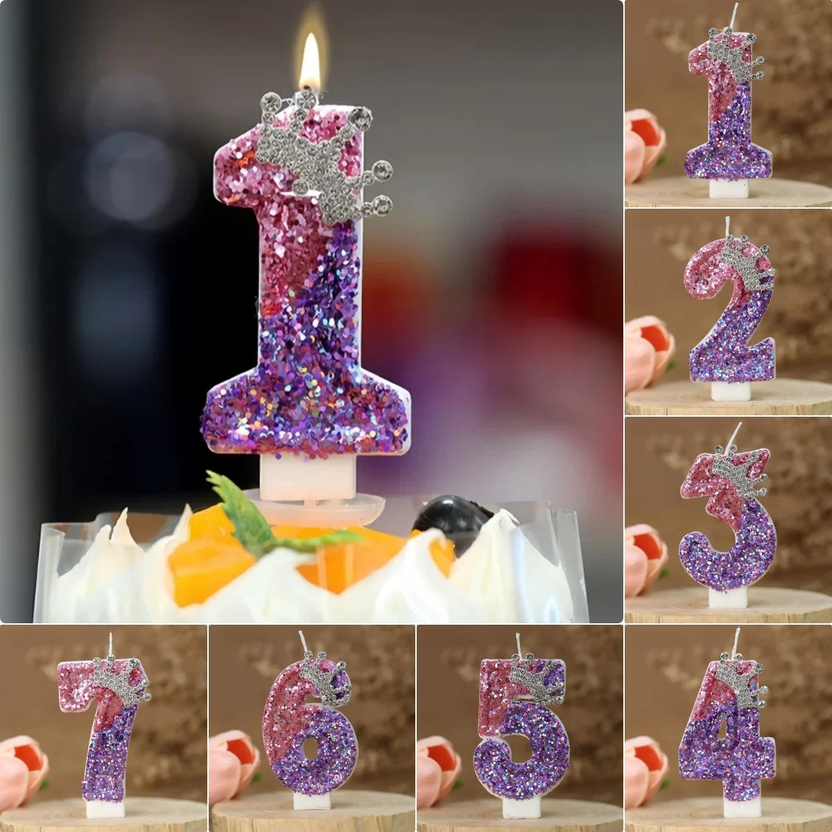 décoration anniversaire bougie forme chiffre pailletée violet rose argent tringle festive numérotée