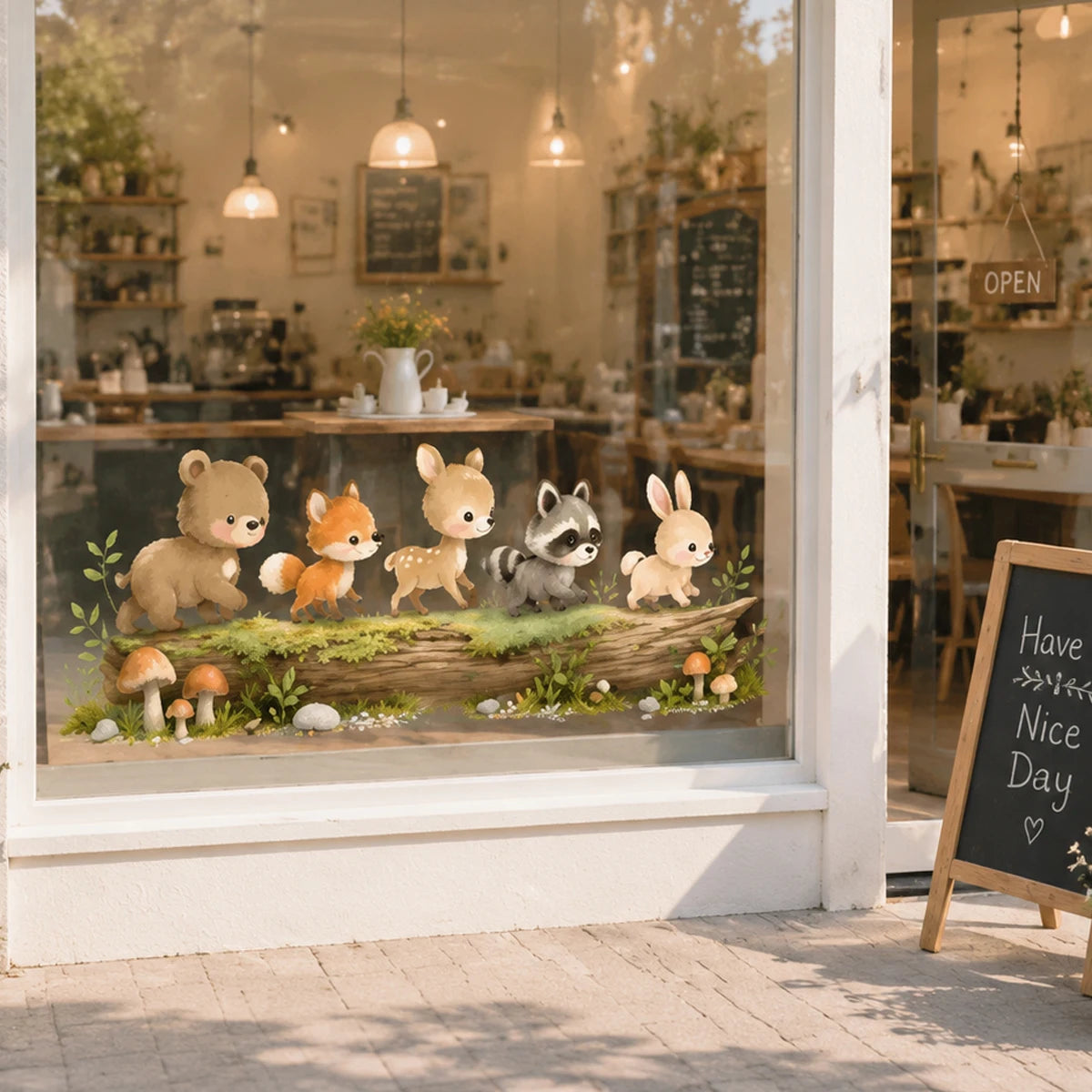 autocollant mural animaux forêt ours renard lapin écureuil enfantin cartoon marron beige gris blanc