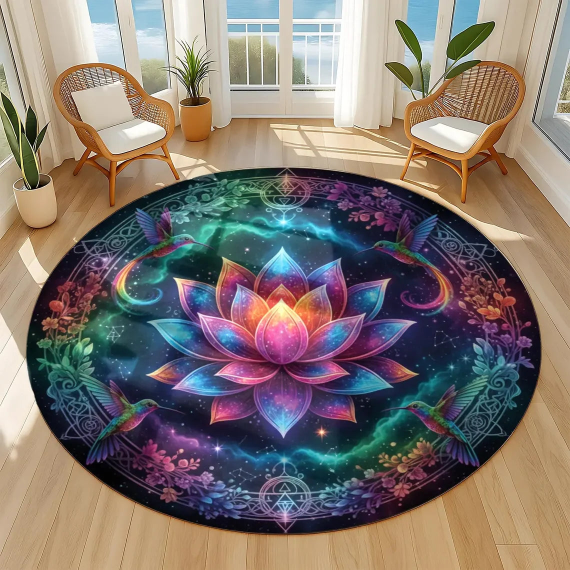 tapis multicolore mandala lotus oiseau boho moderne antidérapant salon chambre cuisine 80x80cm 120x120cm